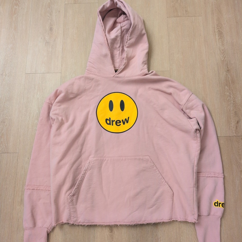 Drew House Mascot Hoodie Pink Smiley Face Logo Raw Hem Mens XL Justin Bieber